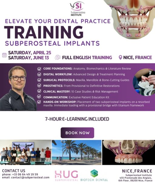 Elevate Your Clinical Expertise with Subperiostea Institute 🦷
Are you ready to master advanced implantology? Join us in the beautiful city of Nice, France, for an intensive training session on Subperiosteal Implants.
📅 Dates: Saturday, April 25 or Saturday, June 13
📍 Location: Nice, France 🌴☀️
🎓 7 hours of E-Learning!
🛠️ Hands-on: Practice placement on a resorbed maxilla with immediate loading protocols.
Don’t miss this opportunity to refine your surgical skills and offer new solutions to your patients !
📩 Ready to upgrade your practice? Contact us today at contact@subperiosteal.com or call +33 6 64 49 19 59 to secure your spot!
#SubperiostealImplants #Implantology #OralSurgery #DentalTraining #DentalEducation DigitalDentistry